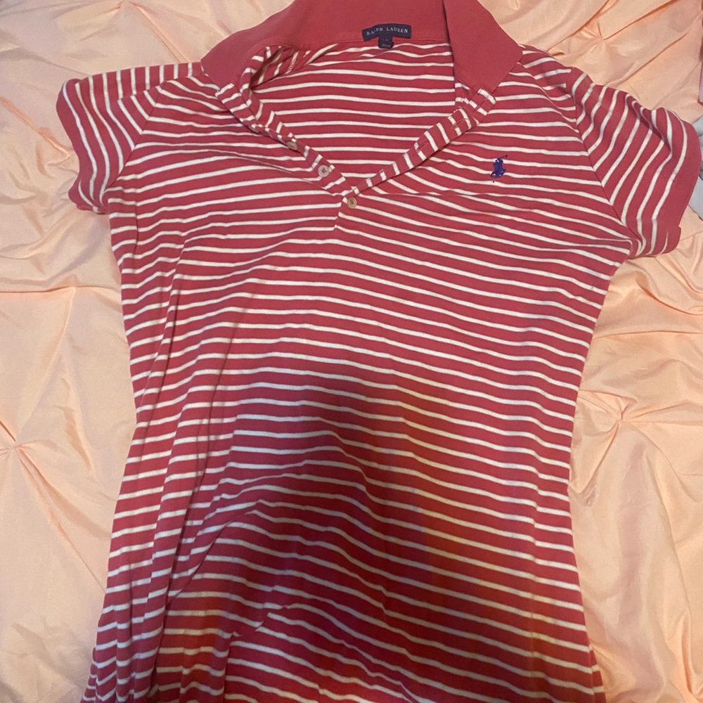 Pink and White Striped Polo Shirt